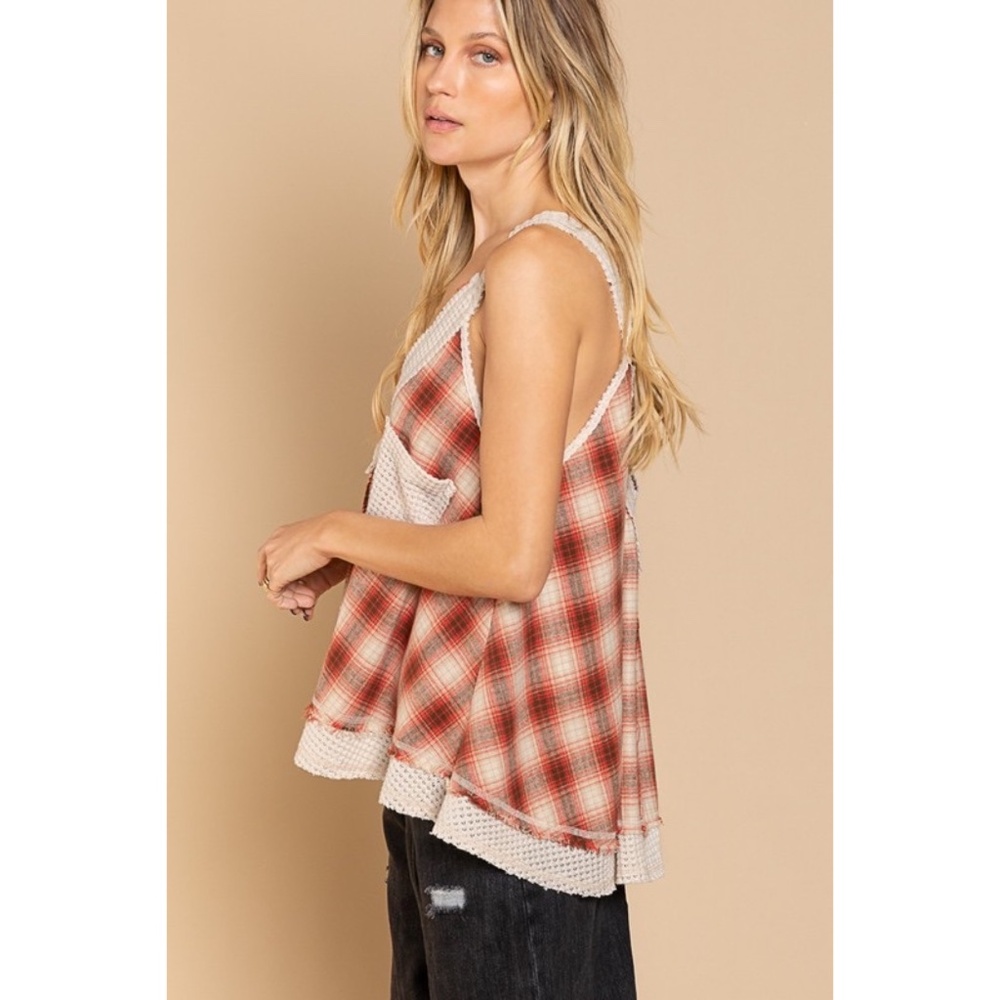 POL Red & Cream Plaid V Neck Sleeveless Flowy Top - Picture 3 of 6